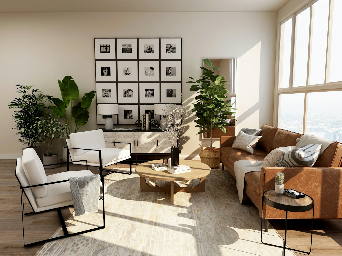 Interior terang dengan sofa, tanaman, dan furnitur kayu