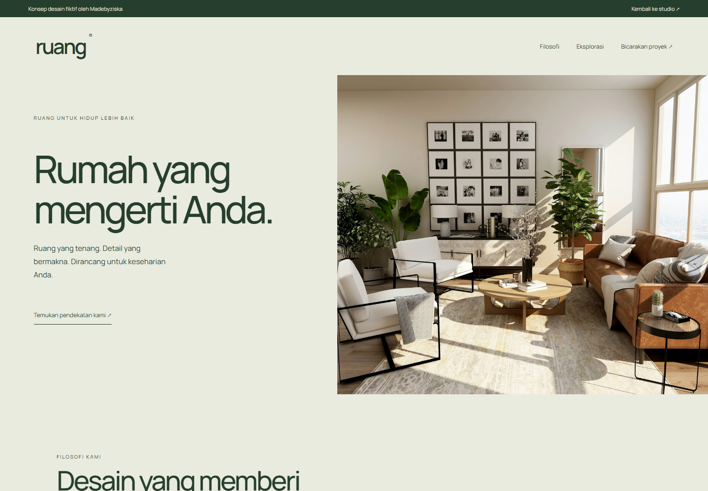 Konsep website Ruang dengan desain interior, tipografi besar, dan warna hijau